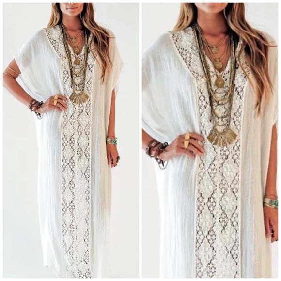 Sample Sale! New Boho Crochet Detailed V Neck Maxi Beach Dress - Picture 3 of 9